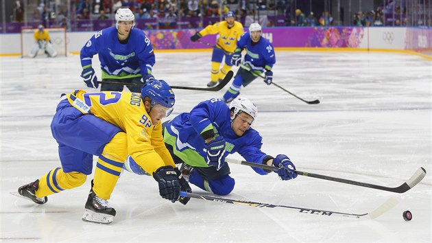 vdsk tonk Gabriel Landeskog (vlevo) pi souboji se Slovincem Janem Urbasem. (19. nora 2014)