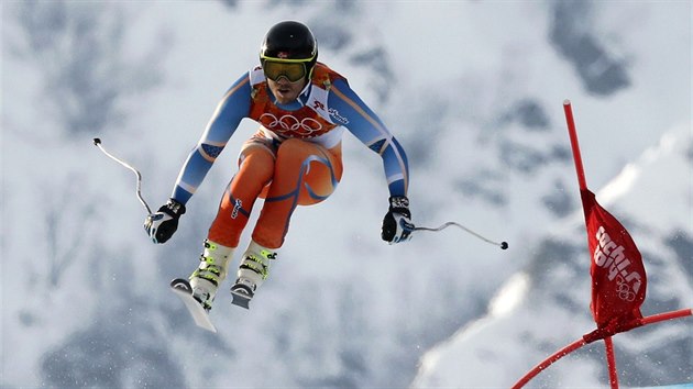 Norsk lya Kjetil Jansrud na trati olympijskho superobho slalomu