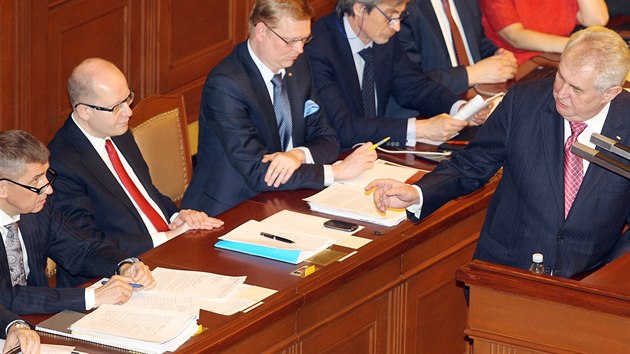 Prezident Milo Zeman pi projevu v poslanecké snmovn v úterý 18. února 2014...