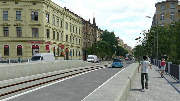 Vizualizace vzhledu mostu na Masarykov� t��d� po p�estavb� v r�mci budov�n� protipovod�ov�ch opat�en�. Skupin� architekt� se ale nel�b�, vad� jim nap��klad v�razn� betonov� "�ebra" konstrukce.