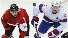 Kanadský hokejista Duncan Keith (vlevo) bojuje o puk s Patrickem Thoresenem z...