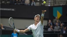 Tomá Berdych ve finále tenisového turnaje v Rotterdamu proti Marinu iliovi.