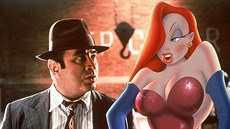 Bob Hoskins a animovaná postavika Jessica Rabbitová ve filmu Falená hra s...