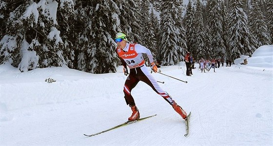 Rakouský bec na lyích Johannes Dürr bhem Tour de Ski 2014.