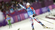 Česká biatlonistka Veronika Vítková v cíli štafetového závodu na 4x6 kilometrů....