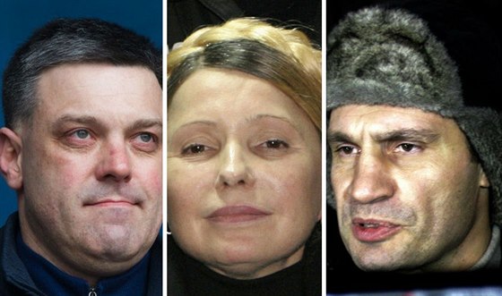 Zleva: �éf strany Svoboda Oleh �ahnybok, Julija Tymo�enková a Vitalij Kli�ko.