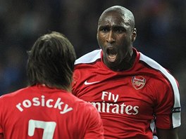 Tomá Rosický a Sol Campbell z Arsenalu se radují z gólu.