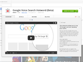 Rozen Google Voice Search Hotword (Beta) pro prohle Google Chrome.