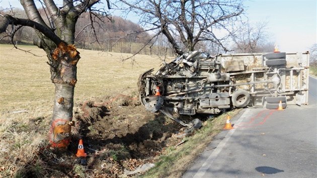 S nkladnm autem se utrhla krajnice a vz se dostal do smyku. Pot narazil do stromu a pevrtil se.