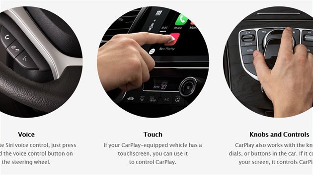 Apple slibuje prostednictvm CarPlay ovldat iPhone pes hlasov ovldn s aktivac na volantu, dotykov pes palubn displej, nebo prostednictvm palubnho ovldn.