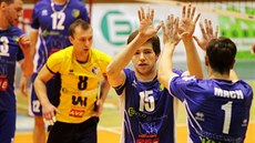 Momentka z volejbalového duelu Ústí nad Labem (modrá) vs. Havířov, na snímku s...