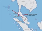 Mapka leti v okolí letu MH370 spolenosti Malaysia Airlines. 