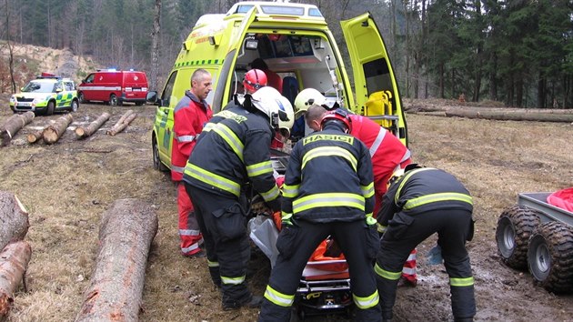 Hasii pak pomhali pi transportu ternem a peloen pacienta do sanitnho vozu.