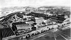 Pohled na továrnu Rustonka v praském Karlín v 19. století, tedy v dobách její...