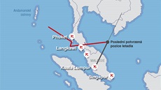 Mapka leti�� v okolí letu MH370 spole�nosti Malaysia Airlines. 