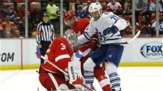 Branká Detroitu Jimmy Howard zasahuje, pomáhá mu Jakub Kindl a David Clarkson