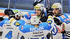 Plze�tí hokejisté se radují z gólu.