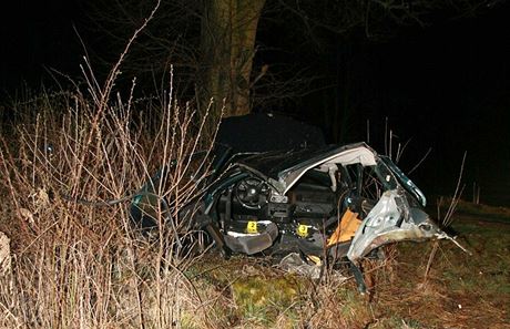 Osobní auto znaky BMW bylo po nárazu do stromu zcela zdemolované. (24. 3. 2014)