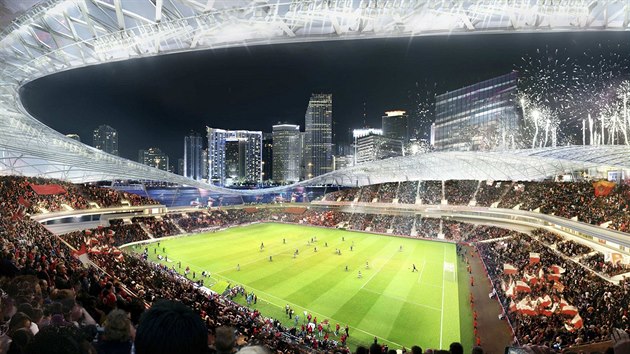 Potov vizualizace budoucho stadionu v Miami, jeho stavbu zajiuje slavn David Beckham.