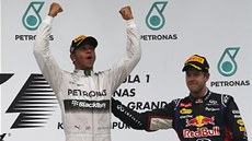 UZNALÉ POPLÁCÁNÍ. Rozzáený Lewis Hamilton zvedá ruce po triumfu ve Veké cen