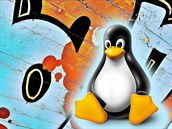 Tučňák Tux je maskot Linuxu. Za zády má pracovní plochu Ubuntu.