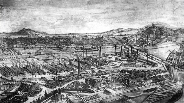 Třinecké železárny na rytině v roce 1886.