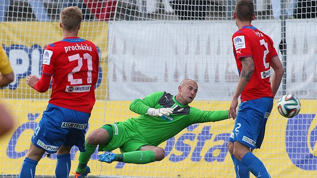 VYROVNÁNO. Plzeský branká Petr Bolek dostává gól od fotbalist Jihlavy.