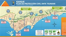 Evakuaní plán chilského msta Iquique pro pípad pílivové vlny tsunami.
