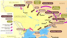 Rozmístní ruských sil podél ukrajinské hranice a moné smry útok podle