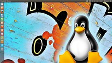 Tuák Tux je maskot Linuxu. Za zády má pracovní plochu Ubuntu.