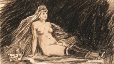 Félicien Rops: Radostné rýmy, ena usazená na koein, 1881, kresba