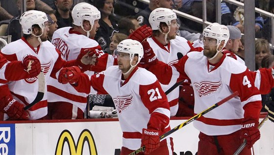 Jakub Kindl (4) slaví se spoluhrái z Detroitu Red Wings svj gól.