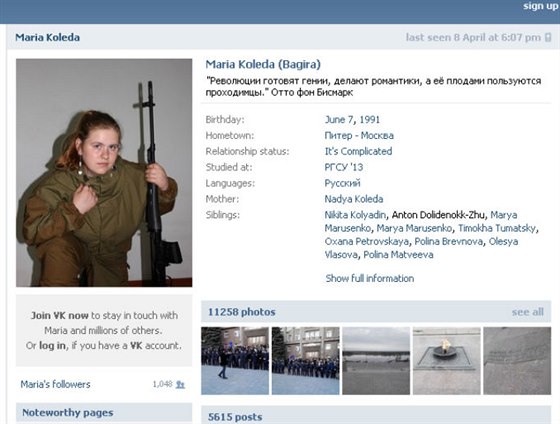 Profil Marie Koledové, ruské "diverzantky Máši", na sociální síti VKontakte.