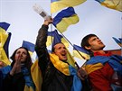 Prokyjevtí demonstranti mávají ukrajinskými vlajkami na shromádní ve...