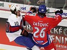 eský hokejista Martin Zaovi v souboji s norským protivníkem Mattiasem
