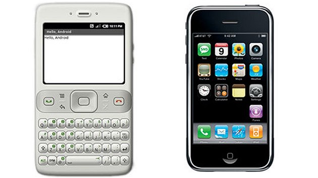 Vlevo je render mobilu s Androidem z potenho Android SDK, vpravo obrzek prvnho iPhonu.
