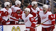 Jakub Kindl (4) slaví se spoluhrá�i z Detroitu Red Wings sv�j gól.