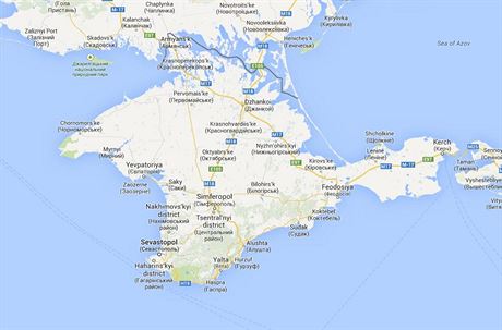 Poloostrov Krym na ruské verzi Googlu. Hranice s Ukrajinou je jasn viditelná.