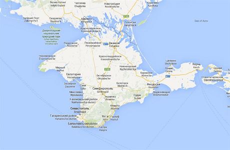 Poloostrov Krym na eské verzi Googlu. Peruovaná hranice znaí sporné území.