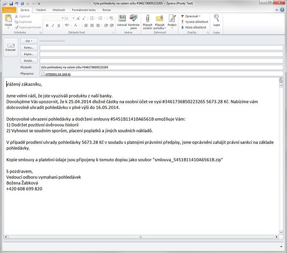 E-mail s podezřelou přílohou, který se ke konci dubna šíří po Česku.