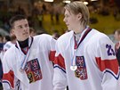 etí hokejisté Michael paek (vlevo) a Filip Chlapík po prohraném finále