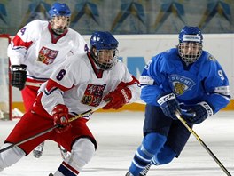 Luk Vopelka v dresu esk hokejov osmnctky v utkn proti Finsku. 
