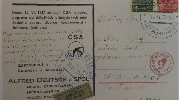 Příležitostná dopisnice s příležitostným razítkem k prvnímu letu ČSA na trase Praha - Liberec 15. června 1937.