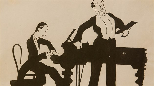 Zdenk Otava a profesor Holzknecht, jak je nakreslil lka Rudolf Malec v roce 1942. Vystavil kresby z let 1939 a 2014 v Galerii Na Hrad v Hradci Krlov (24.2.2014).