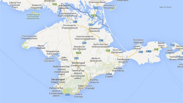 Poloostrov Krym na ruské verzi Googlu. Hranice s Ukrajinou je jasně viditelná.