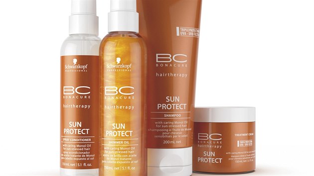 ada BC Sun Protect od Schwarzkopf Professional kombinuje klasick UV filtr, vitamin E, speciln technologii pro obnovu bunk a olej z monoï. Kondicionr ve spreji, 150 ml za 349 K; tpytiv ochrann olej, 150 ml za 349 K; ampon, 250 ml za 249 K; ochrann kra, 200 ml za 399 K