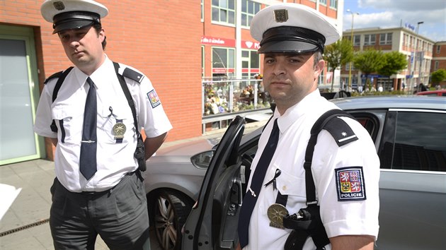 Policist si pamtku zesnul kolegyn pipomnaj ernmi stukami, pipnutmi na uniform. Fotografie je ze Zlna (5. kvtna 2014).