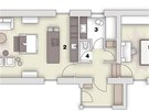 Pdorys: 1/ obývací pokoj + jídelna, 2/ kuchy, 3/ koupelna, 4/ WC, 5/ lonice