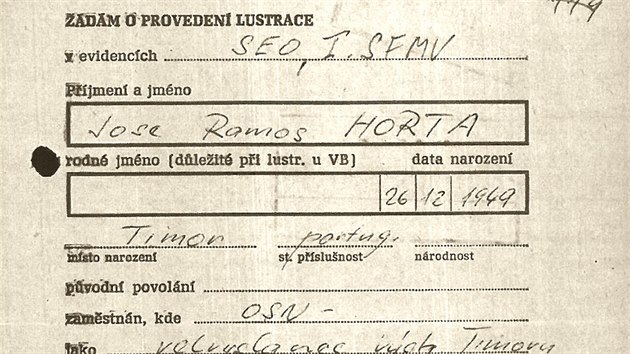 Stránka ze spisu, který komunistická StB vedla na José Ramose-Hortu.