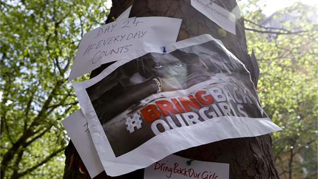 Nigerijci žádají úřady i mezinárodní organizace, aby proti únoscům zakročily. Shromáždění na podporu unesených dívek se konalo i v Londýně. (9. května 2014)
